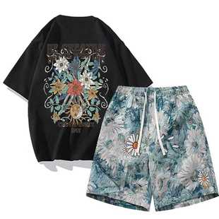 港风休闲套装 短裤 潮流短袖 一套搭配帅气潮牌运动户外两件套 男夏季