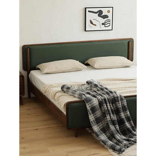 现代小户型主卧双人床家具 北欧简约全实木床1.8米黑胡桃软靠日式