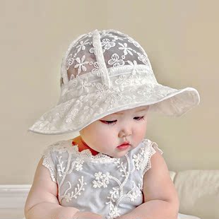 女宝宝公主蕾丝透气外出防晒帽新生儿 薄款 婴儿大帽檐遮阳帽春夏季