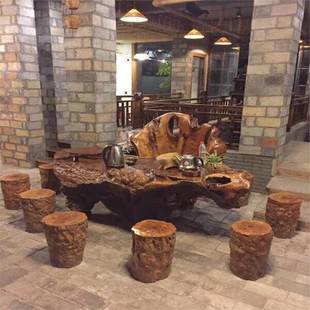 实木墩子原木树桩根雕花架凳子简约小圆木墩边几茶几桌凳老木头