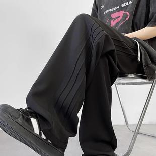 面拖地裤 潮 冰丝裤 条纹休闲西装 子男夏季 设计感垂感直筒遮鞋 裤 美式