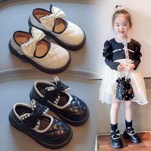 韩版 2024年春季 可爱蝴蝶结珍珠公主鞋 新款 儿童格子单鞋 女童小皮鞋