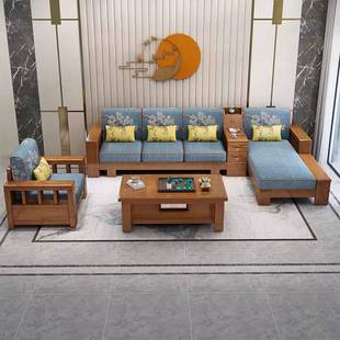 全实木沙发拉床两用客厅转角贵妃组合经济型布艺家具 中式