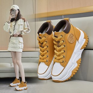 新款 韩版 松糕厚底板鞋 拼色系带高帮鞋 中跟学生小白鞋 女2023秋季