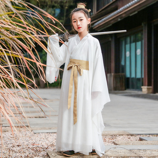 男女童汉服中国风白色超仙交领大袖 古装 演出衣服 公子少爷国学套装