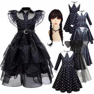惊吓星期三cosplay女童公主裙黑色晚礼服 亚当斯一家万圣节服装
