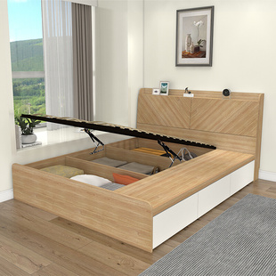 现代简约储物床榻榻米床1.8多功能双人床1.5实木收纳床气压高箱床