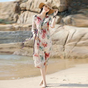 高端棉麻碎花连衣裙夏季 高级感小个子法式 海边度假沙滩裙 气质女装
