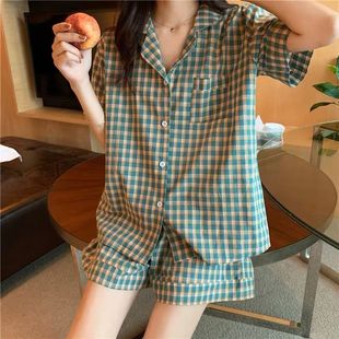 韩国ins复古显白小绿格子短袖 翻领睡衣女学生夏季 宽松家居服套装