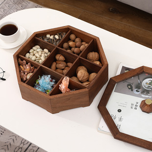 轻奢创意婚庆果盘 黑胡桃实木干果盒分格带盖客厅家用干果盘新中式
