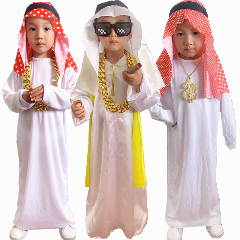 王子衣服男女COS卡塔尔长袍装 儿童中东迪拜土豪金链子阿拉伯服装