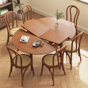 hpc伸缩餐桌圆形家用樱桃木折叠椭圆餐桌小户型北欧简约实木饭桌