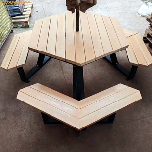 户外桌椅休闲圆桌六边形实木塑木桌子公园棋牌桌组合景区室外座椅