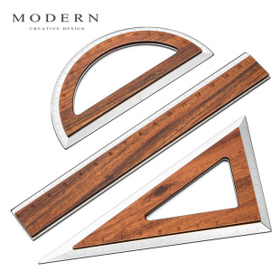 MODERN钛金属尺子文具学生用钛合金 酸枝木直尺三角尺量角器套装