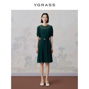 VGRASS新中式 水滴领密裥裙夏季 复古绿真丝连衣裙VSL2O21300 新款
