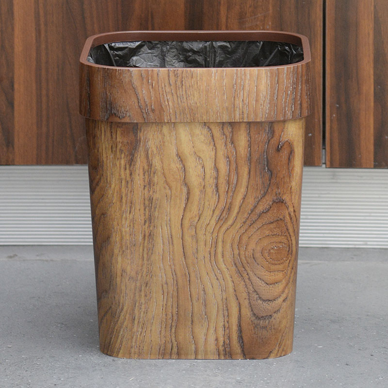 家用仿木纹垃圾桶客厅无盖大号创意正方形塑料带压圈卫生间纸篓