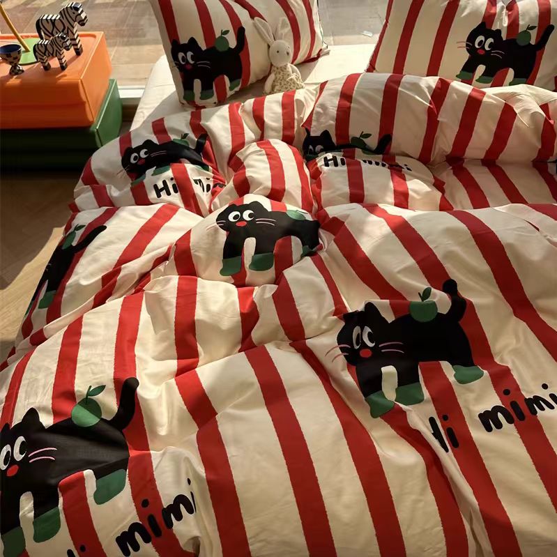全棉纯棉被套学生宿舍单人床亲肤三件套 卡通猫咪床上四件套床单款