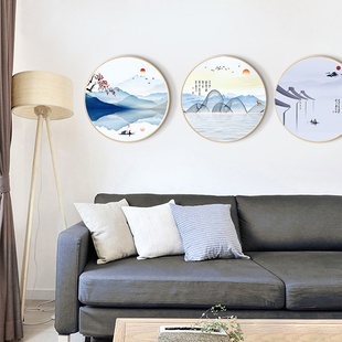 新中式 饰画现货客厅沙发背景圆形实木边框油画工艺品工厂 装