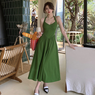 HolidayQueen绿色收腰显瘦挂脖连衣裙女夏季 法式 褶皱复古裙子女装