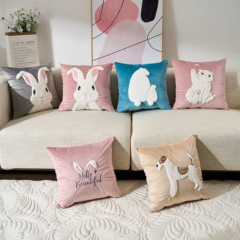 Ins可爱卡通粉色兔子刺绣抱枕套办公室沙发坐垫靠背靠垫套不含芯