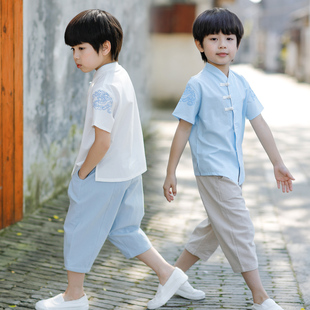 儿童中国风夏宝宝中式 复古套装 小孩民族服装 唐装 汉服男童改良薄款