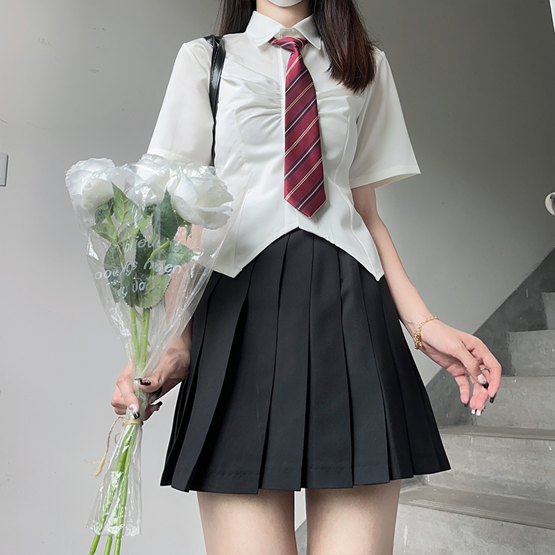 北璃酱日系jk制服修身 收腰光板白色短袖 纯欲女学院风显瘦 绑带衬衫