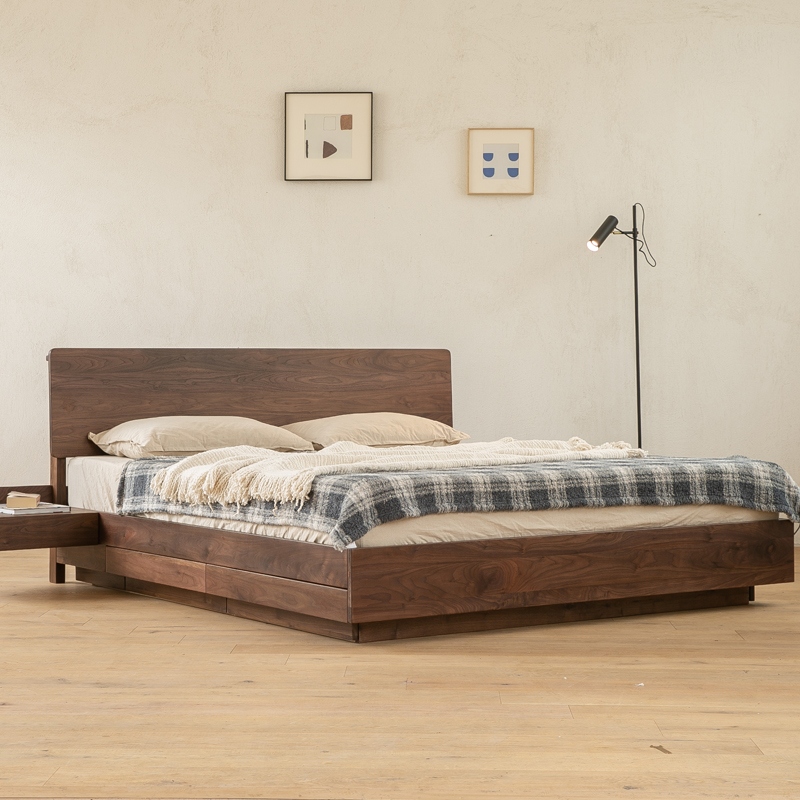 北美黑胡桃木床现代简约1.8米橡木抽屉储物床北欧全实木高箱床