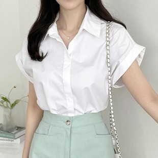 韩国chic夏季 衬衫 百搭暗扣设计翻领卷边短袖 上衣 气质休闲简洁时尚