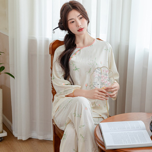 新中式 绵绸家居服套装 空调房春秋夏季 古风优雅睡衣女人造棉稠长袖