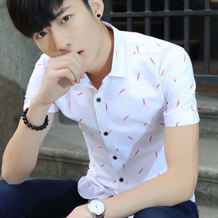 时尚 男休闲寸衫 衬衫 短袖 潮流帅气青少年印花衬衣 修身 男士 韩版 夏季