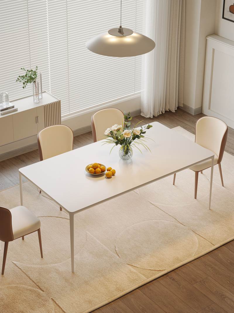 德利丰岩板餐桌轻奢家用小户型白色奶油风桌子长方形铝合金餐桌